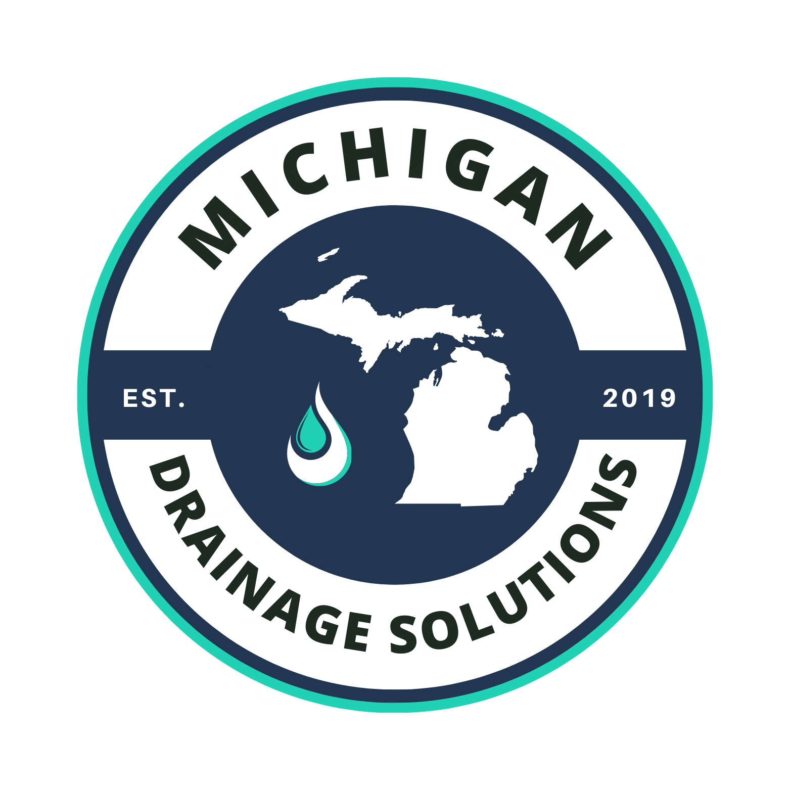 Logo for Michigan Drainage Solutions featuring a map of Michigan, a water droplet icon, and text "EST. 2019" in a circular design.